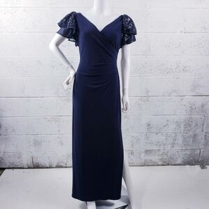 Lauren Ralph Lauren Navy Blue Embellished Flutter‎ Sleeve Side Slit Gown Size 4